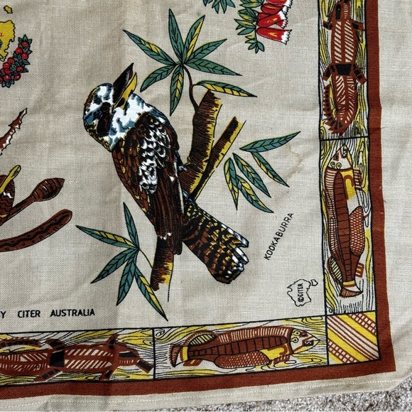 Citer Australia Linen Table Cloth Wall Hanging 54x54” Textile Map Flora Fauna - Picture 3 of 13
